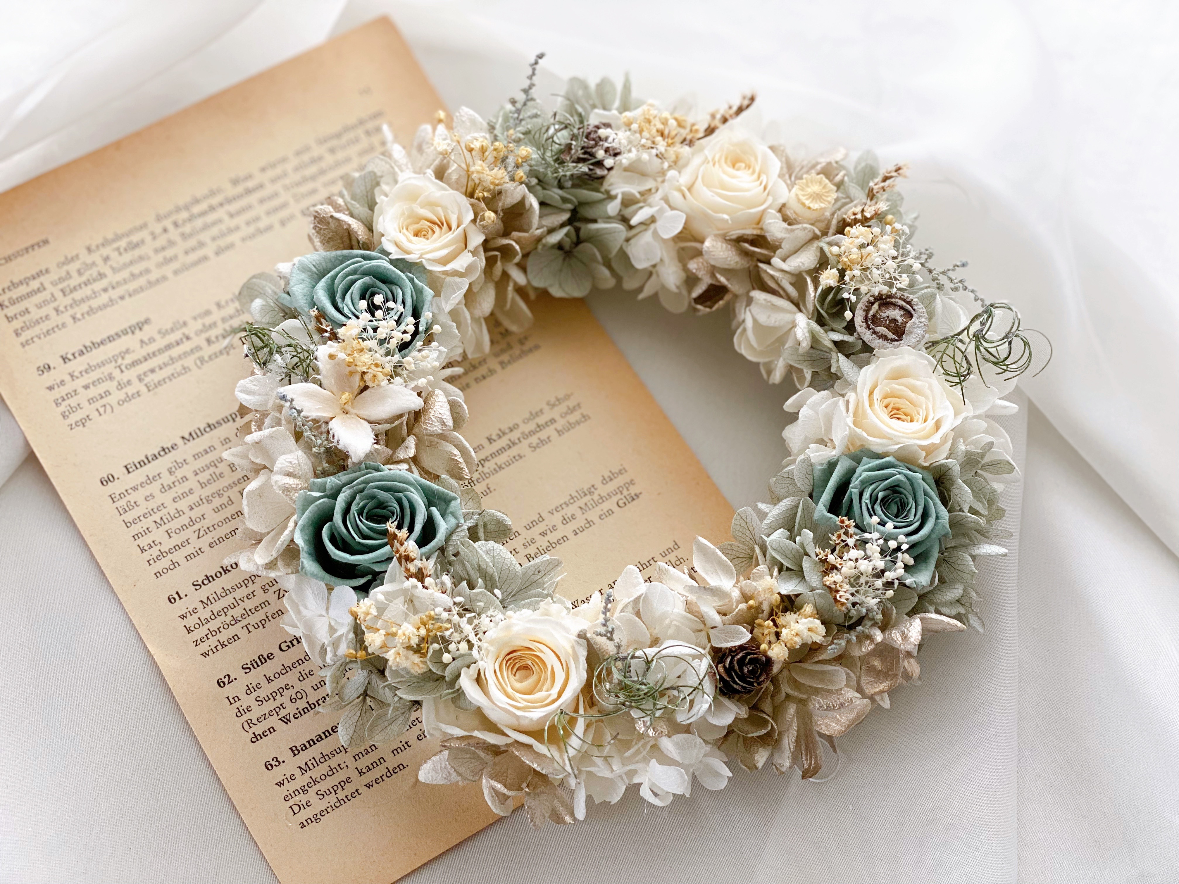 プリザーブドアジサイとローズのリース