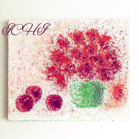 油絵  赤い花と林檎 1枚目の画像