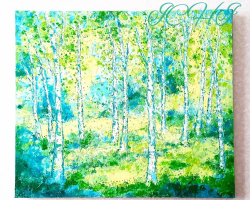 油彩　額装　ウクライナ出身　『ワレンチン　カザチョク』画　夏風景　白樺の木 油彩 額装 ウクライナ出身 『ワレンチン カザチョク』画 夏風景