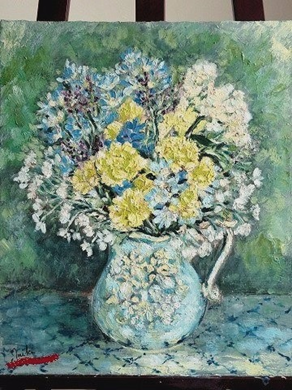 青い花の印象派風油彩画