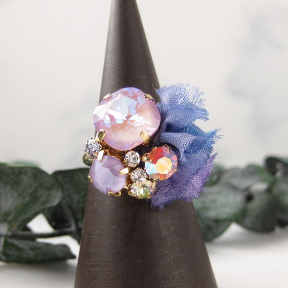 紫陽花のリング　〜淡い紫とブルーグラデのシルクリボン 3枚目の画像