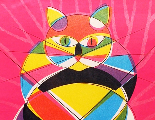 額付きシルクスクリーン応用絵画　title「みんな待ってる花猫ニャンコ」