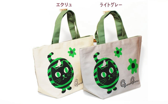 GuraGuri｜ランチトートバッグ｜グリーンの丸い猫 2枚目の画像