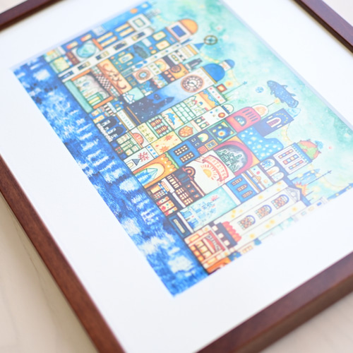 そのまま飾れるアート「星降る夜の街」空想街複製原画（額入り）【送料