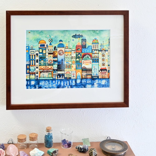 そのまま飾れるアート「星降る夜の街」空想街複製原画（額入り）【送料