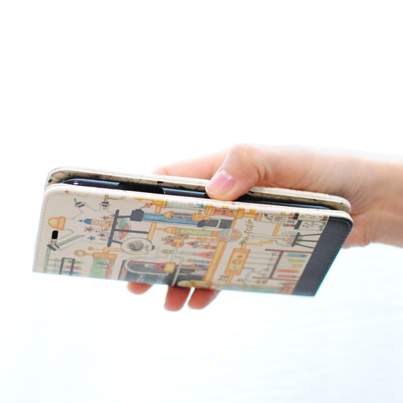 「実験道具の街」iPhone15/14/13/pro/mini・SE/7/8手帳型スマホケース【内側デザイン入り】 6枚目の画像