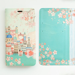 「古の桜と青い都」iPhone15/14/13/pro/mini・SE/7/8手帳型スマホケース【内側デザイン入り】 2枚目の画像