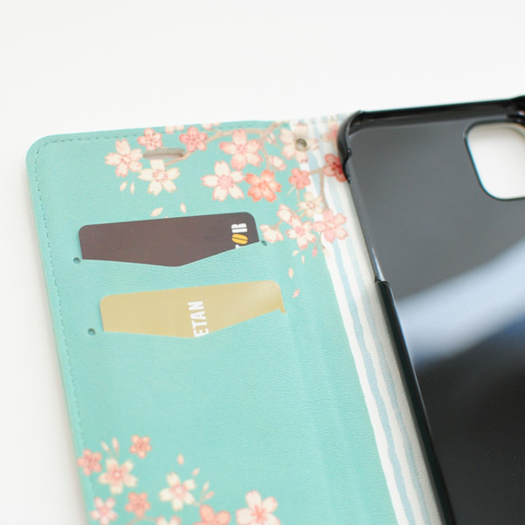 「古の桜と青い都」iPhone15/14/13/pro/mini・SE/7/8手帳型スマホケース【内側デザイン入り】 7枚目の画像