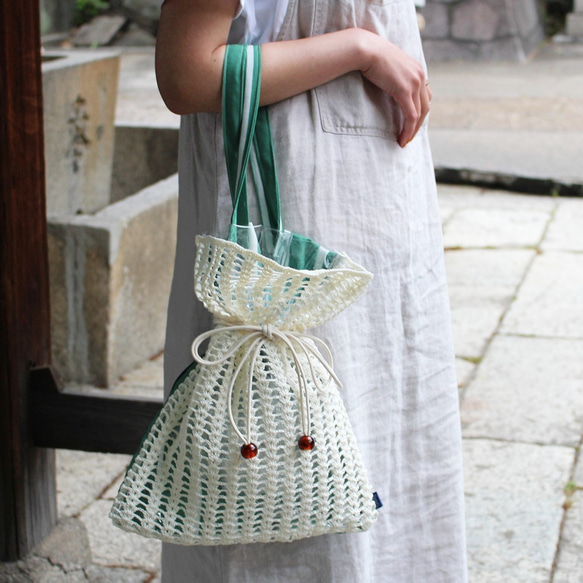 【PVC✖️布✖️編み巾着バッグ】Drawstring bag ーGREENー 1枚目の画像