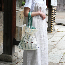 【PVC✖️布✖️編み巾着バッグ】Drawstring bag ーGREENー 2枚目の画像