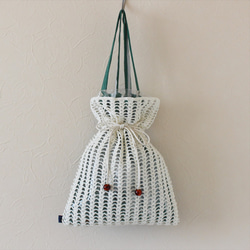 【PVC✖️布✖️編み巾着バッグ】Drawstring bag ーGREENー 4枚目の画像