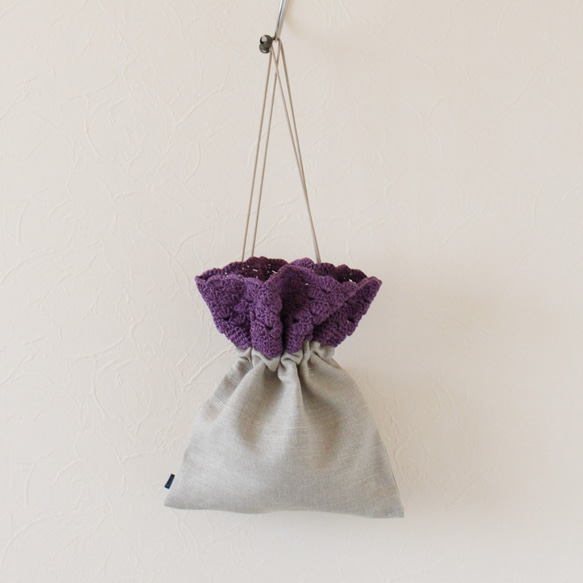 【送料無料】LINEN KINCHAKU BAGーPURPLEー 6枚目の画像