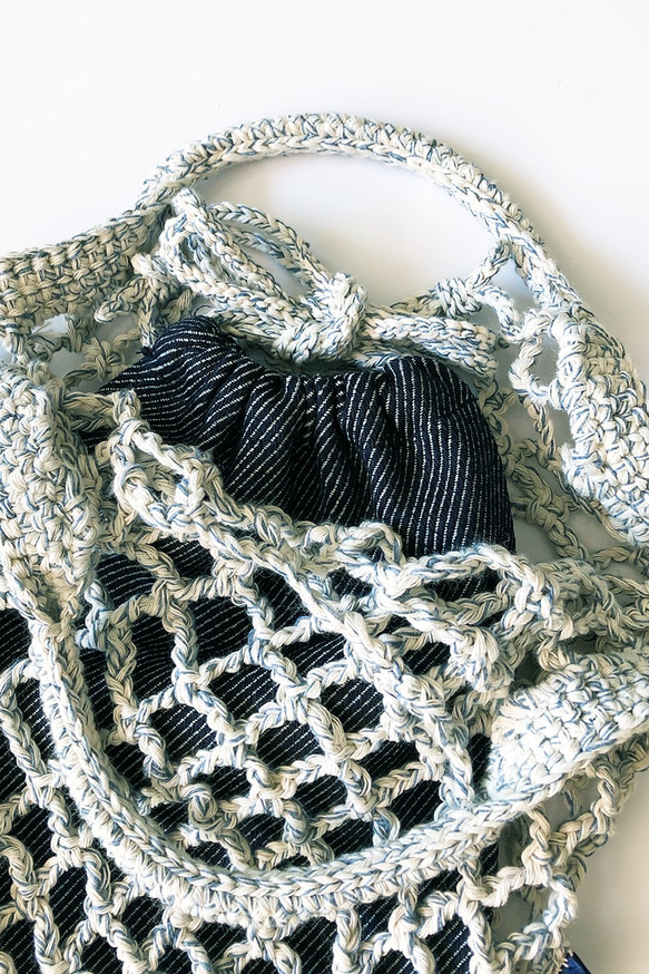 受注生産【送料無料】リサイクルヤーンで編んだネットバッグ＆デニム巾着 5枚目の画像