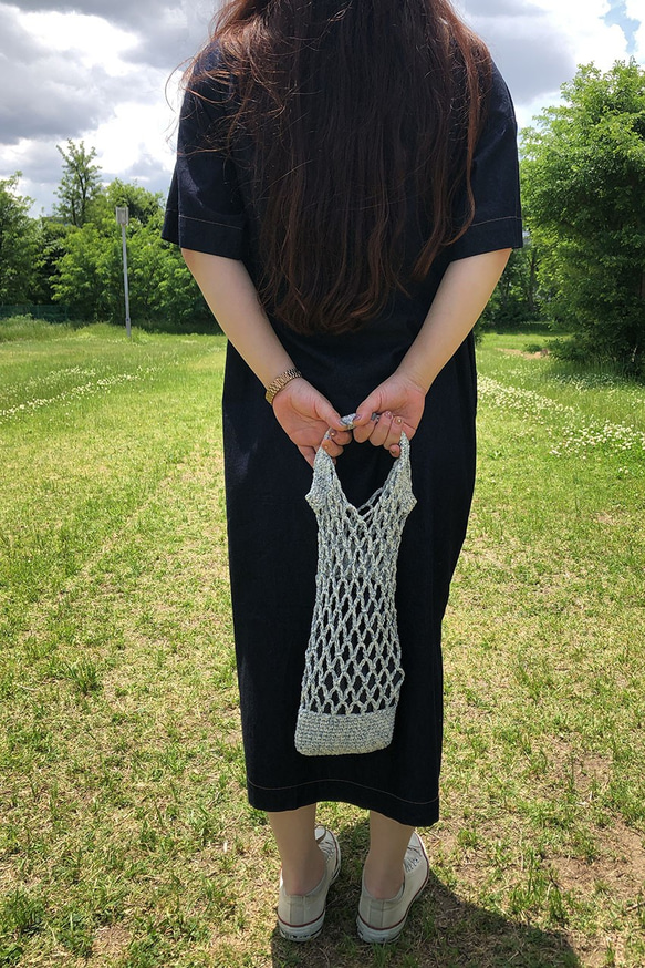 受注生産【送料無料】リサイクルヤーンで編んだネットバッグ＆デニム巾着 8枚目の画像