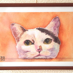 【水彩画】「机に猫」【デジタル複製画A4サイズ】 2枚目の画像