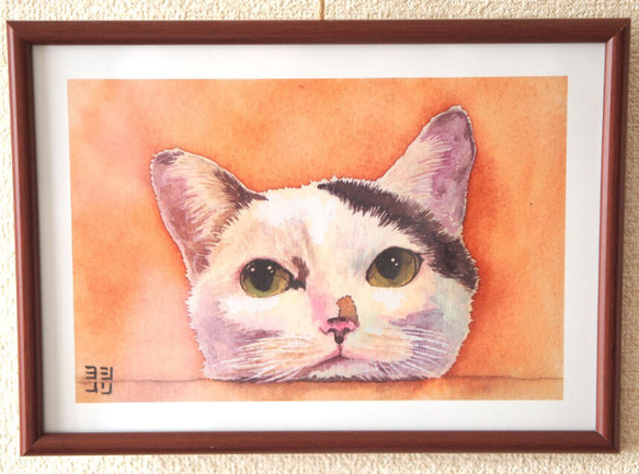 【水彩画】「机に猫」【デジタル複製画A4サイズ】 2枚目の画像