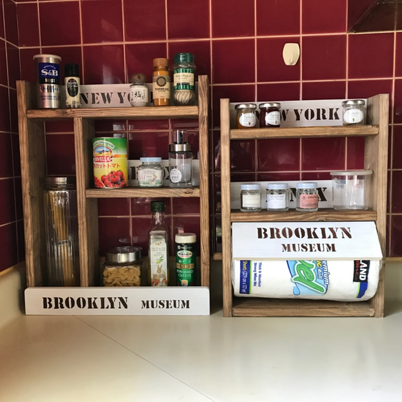 パスタポットラック＆3段スパイスラック　ウォルナットxエメラルドグリーン パスタポットラック＆3段スパイスラック ウォルナットx