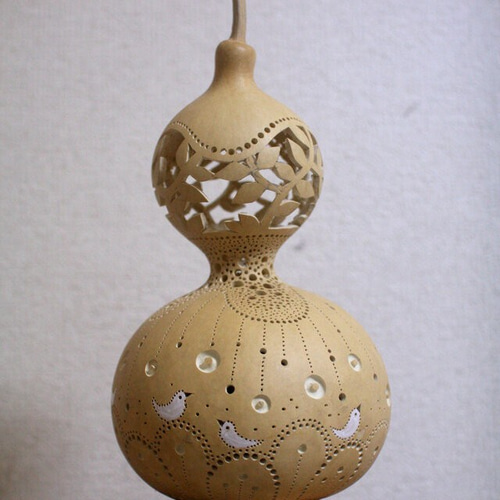 ハンドメイド　スタンド型ひょうたんランプ　小鳥付き　葉の模様 ひょうたんランプ お花と水玉模様 - hyotan08 | minne 国内最大