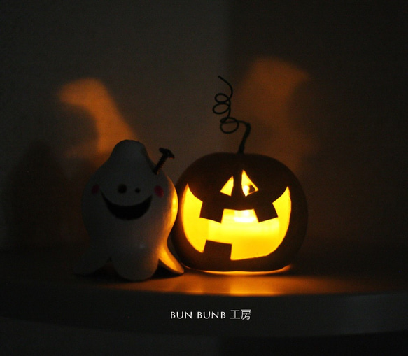 ひょうたんランプ--Halloweenカボチャお化けとチビお化け風～電池式キャンドルLED 2枚目の画像