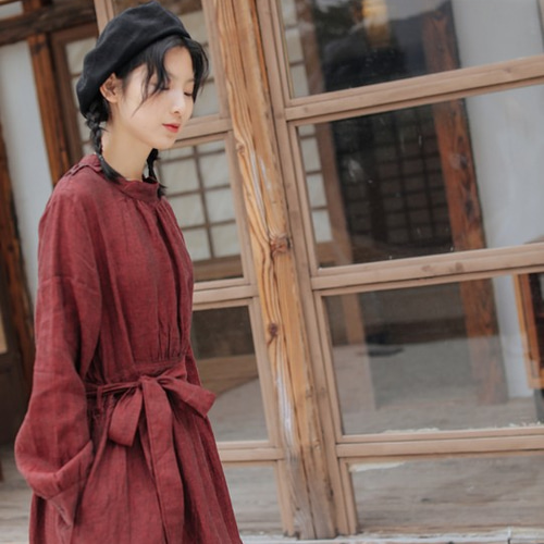 リネン/麻100%】長袖ロングワンピース ウエストリボン、ポケット付き