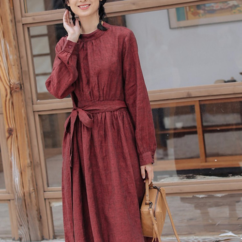 リネン/麻100%】長袖ロングワンピース ウエストリボン、ポケット付き