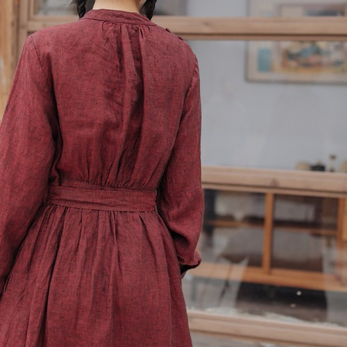 リネン/麻100%】長袖ロングワンピース ウエストリボン、ポケット付き