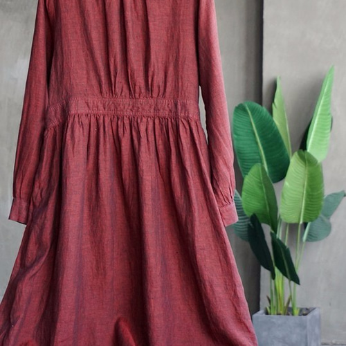 リネン/麻100%】長袖ロングワンピース ウエストリボン、ポケット付き