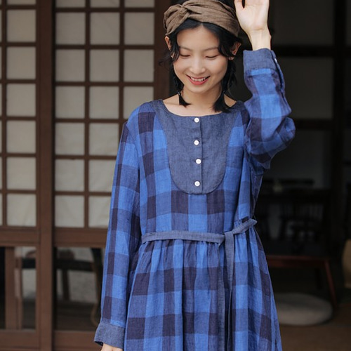 先染リネン/麻100%】チェック柄長袖ロングワンピースウエストリボン