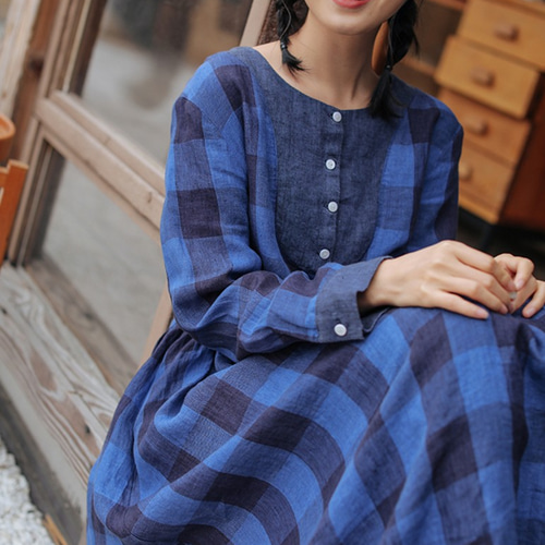 先染リネン/麻100%】チェック柄長袖ロングワンピースウエストリボン