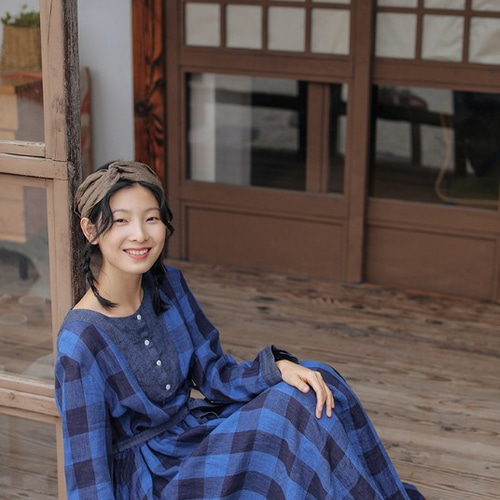 先染リネン/麻100%】チェック柄長袖ロングワンピースウエストリボン