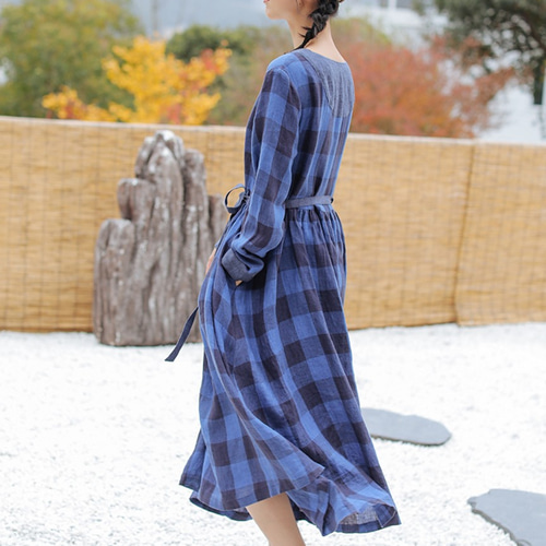 ブルーレーベル　長袖チェック柄ロングワンピース osharewalker ワンピース 長袖 レディース ロングワンピース