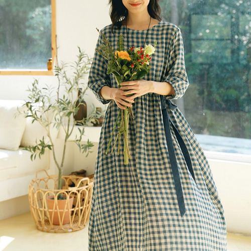 先染リネン/麻100％】チェック柄ロングワンピース ウエストリボン