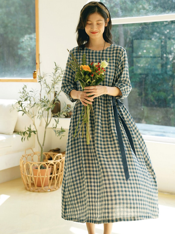 先染リネン/麻100％】チェック柄ロングワンピース ウエストリボン  
