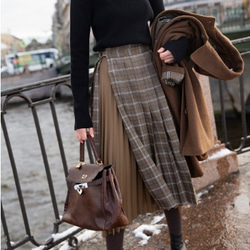 ポリエステル混紡】プリーツ チェック柄ロングスカート【秋冬春】土