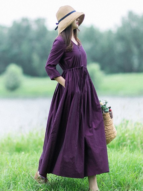 パープル シャツワンピース 長袖 ウエストリボン付き 紫 長袖ウエストリボン付きワンピース M 【公式通販】