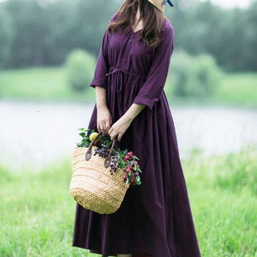 コットン/綿100%】Vネック長袖ロングワンピース ウエストリボン