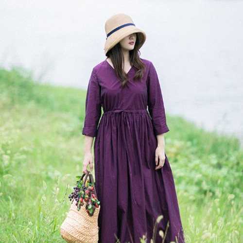 コットン/綿100%】Vネック長袖ロングワンピース ウエストリボン