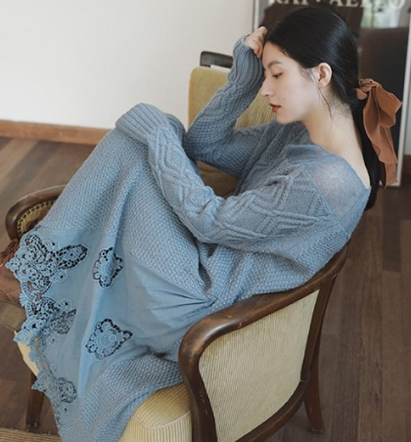 ウール22% コットンレース】長袖ロングワンピース ニット レース