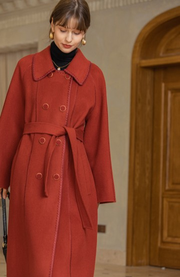 ウール100%】長袖ロングコート ダブルボタン ウエストベルト【秋冬春
