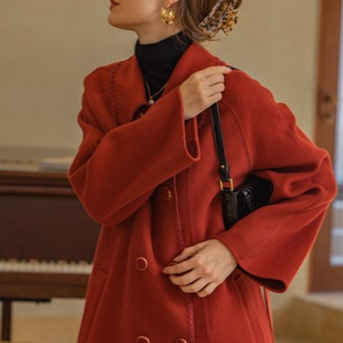 ウール100%】長袖ロングコート ダブルボタン ウエストベルト【秋冬春