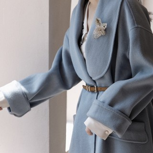 ウール100%】長袖ロングコート ウエストベルトゴム【秋冬春