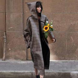 ウール40%】フード付きロングコートOversize チェック柄 ドロップド