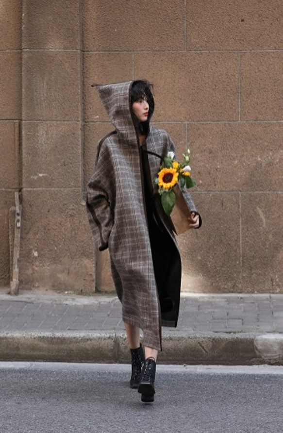 ウール40%】フード付きロングコートOversize チェック柄 ドロップド