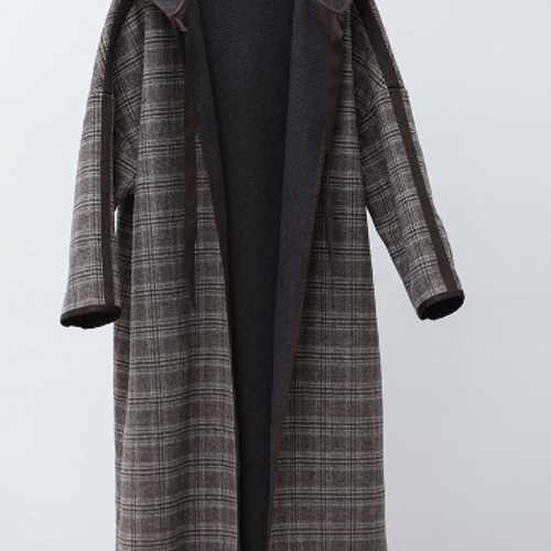 ウール40%】フード付きロングコートOversize チェック柄 ドロップド