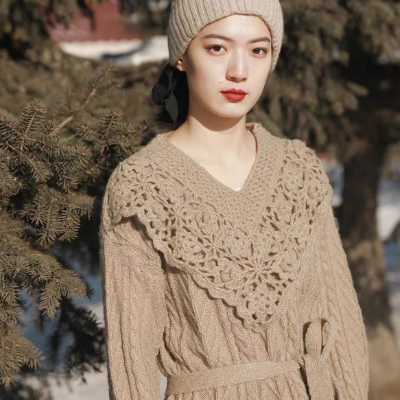 ウール混】長袖ロングニットワンピース ウエストベルト/リボン【秋冬春  