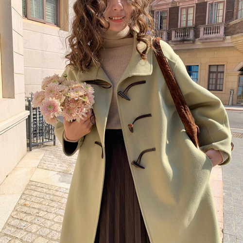 ウール100%】ロングダッフルコート ポケット付き【秋冬春】グリーン系