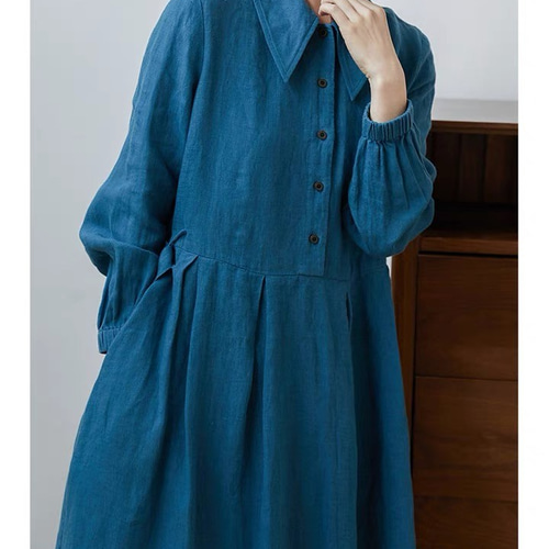 リネン/麻100％】長袖ロングワンピース ウエストベルト/リボン