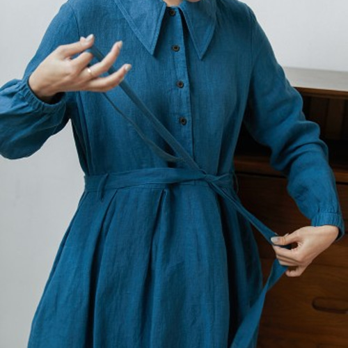 リネン/麻100％】長袖ロングワンピース ウエストベルト/リボン