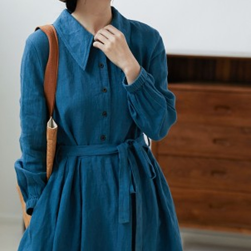 リネン/麻100％】長袖ロングワンピース ウエストベルト/リボン