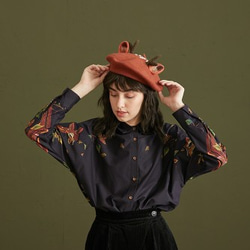 コットン　小シカとリーフのプリント柄長袖ブラウス【秋冬春】黒/ブラック 9枚目の画像